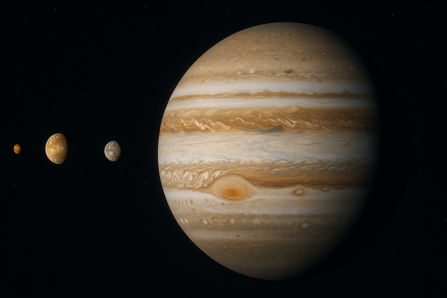 Realistische Darstellung des Planeten Jupiter mit seinen vier größten Monden Io, Europa, Ganymed und Kallisto vor einem Sternenhintergrund